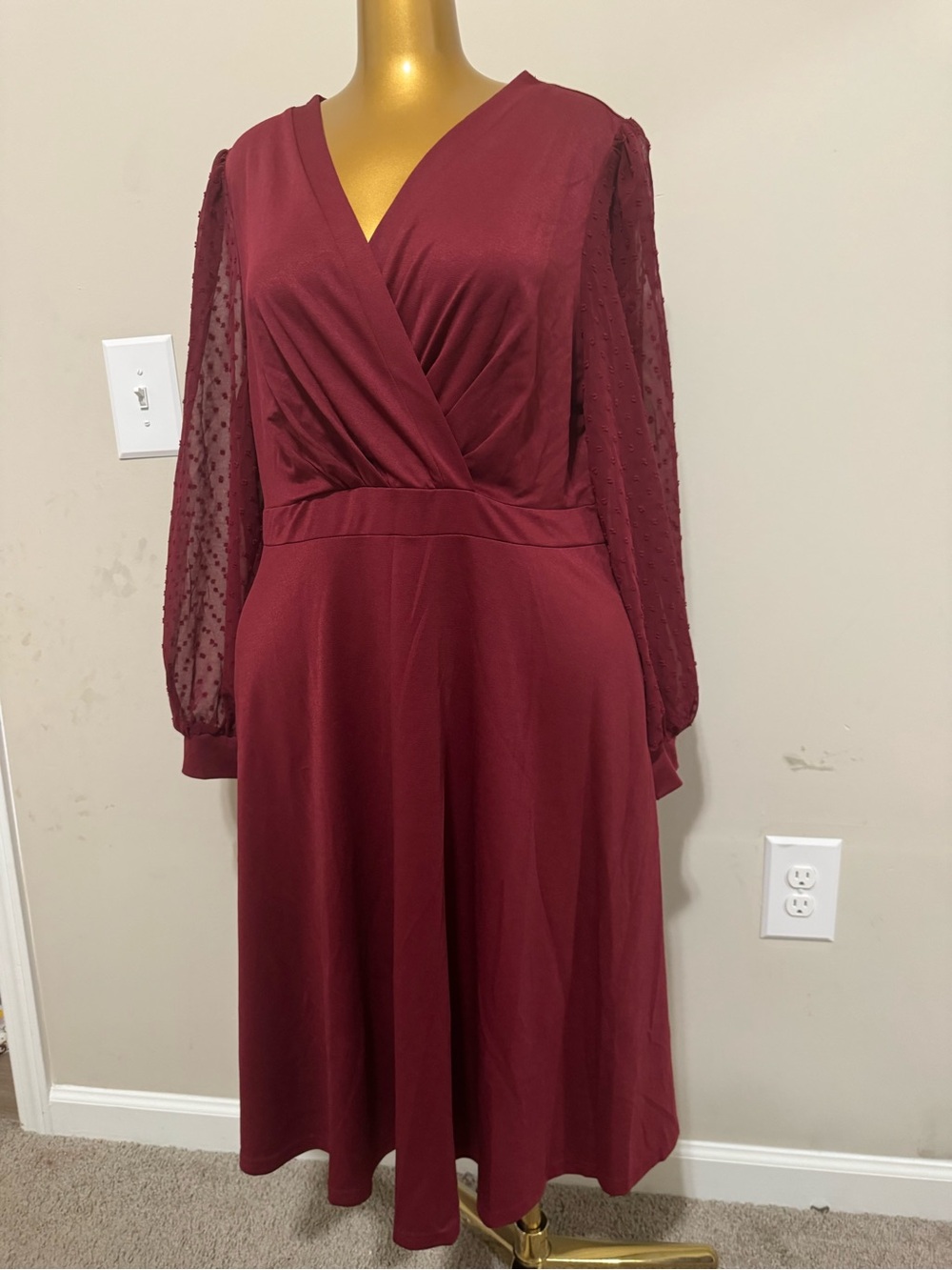 Wrap-Front Burgundy Midi Dress with Sheer Dot Sleeves